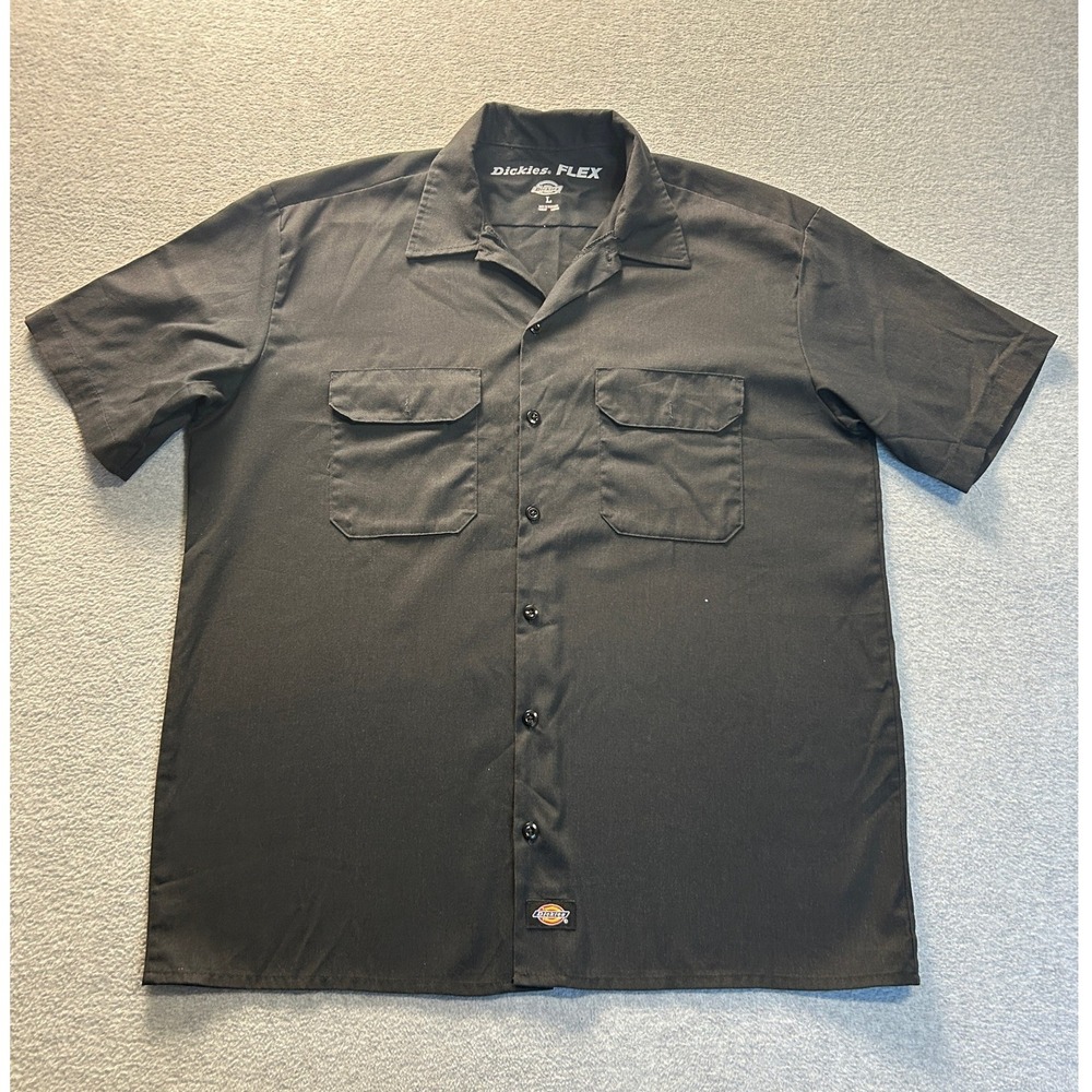Dickies FLEX Button Up Shirt Mens Large Black Short Sleeve Work Utility Casual